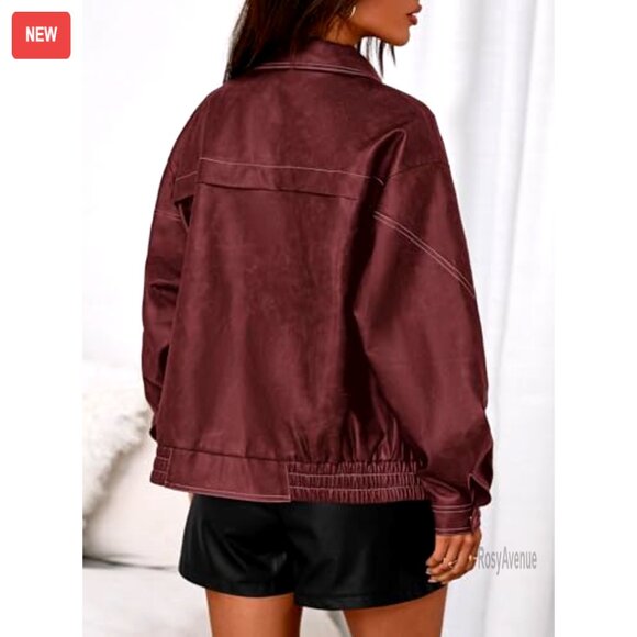 Faux Leather Bomber Jacket Women's Oversized Motorcycle Style Zip Up - Picture 4 of 7